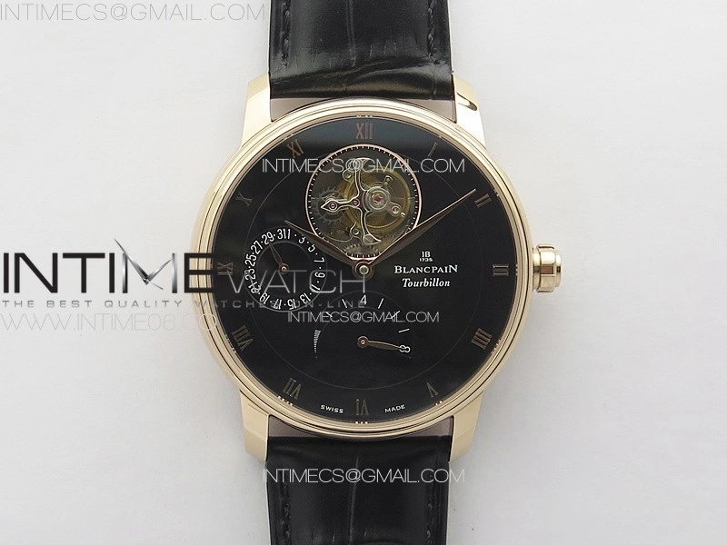 Villeret Tourbillon RG Real PR YSF Best Edition Black Dial on Black Leather Strap