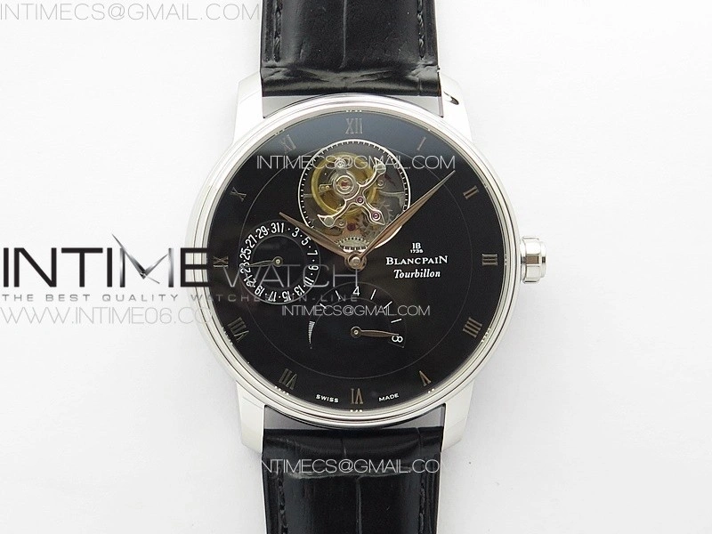 Villeret Tourbillon SS Real PR YSF Best Edition Black Dial on Black Leather Strap