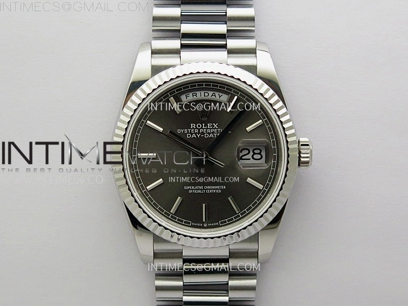 Day Date 128239 Gain Weight SS QF 1:1 Best Edition Gray Dial Stick Markers on SS President Bracelet