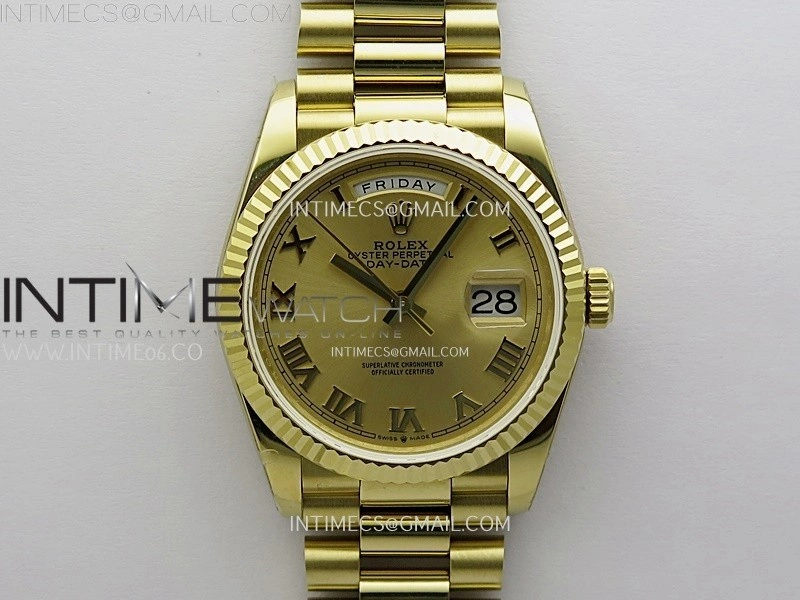 Day Date 128238 Gain Weight YG QF 1:1 Best Edition Gold Dial Roman Markers on YG President Bracelet