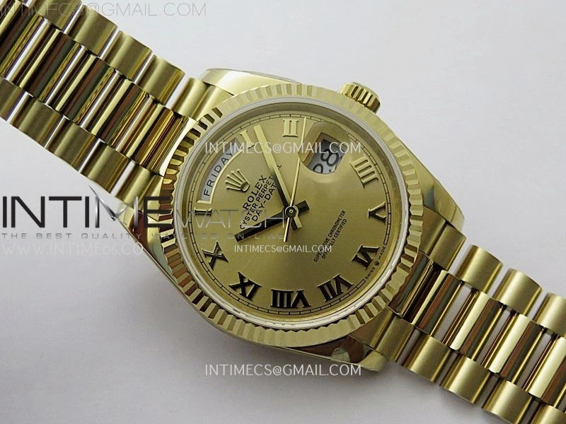 Day Date 128238 Gain Weight YG QF 1:1 Best Edition Gold Dial Roman Markers on YG President Bracelet