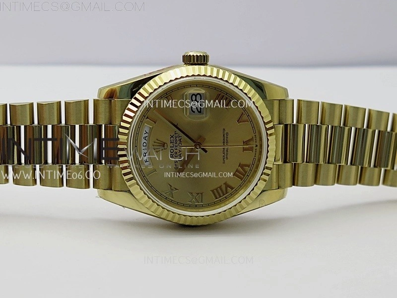 Day Date 128238 Gain Weight YG QF 1:1 Best Edition Gold Dial Roman Markers on YG President Bracelet