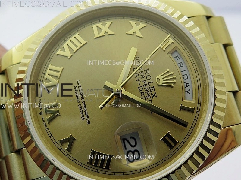Day Date 128238 Gain Weight YG QF 1:1 Best Edition Gold Dial Roman Markers on YG President Bracelet