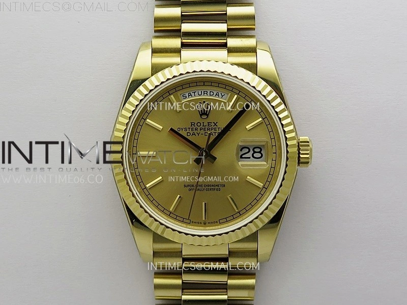 Day Date 128238 Gain Weight YG QF 1:1 Best Edition Gold Dial Stick Markers on YG President Bracelet