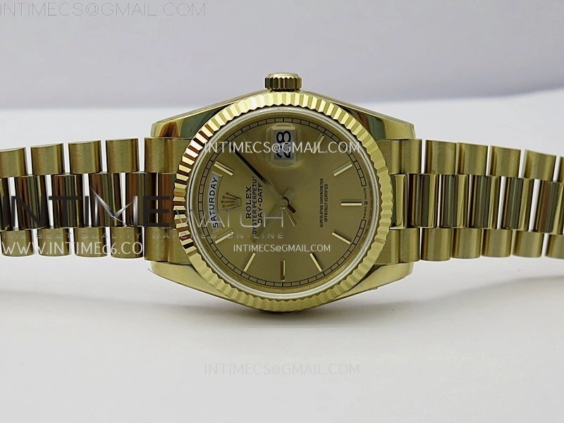 Day Date 128238 Gain Weight YG QF 1:1 Best Edition Gold Dial Stick Markers on YG President Bracelet