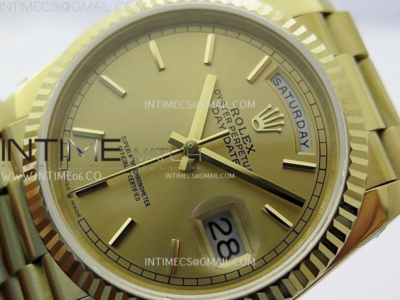 Day Date 128238 Gain Weight YG QF 1:1 Best Edition Gold Dial Stick Markers on YG President Bracelet