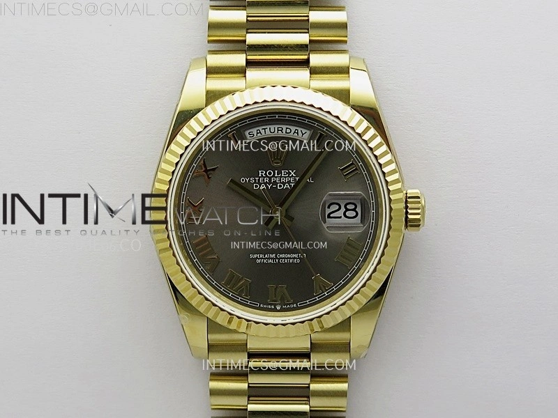 Day Date 128238 Gain Weight YG QF 1:1 Best Edition Gray Dial Roman Markers on YG President Bracelet