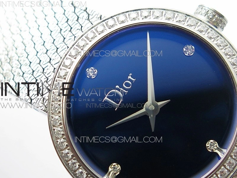 La d de dior satine SS Crystal Bezel 8848F 1:1 Best Edition Blue Dial on SS bracelet Swiss Quartz