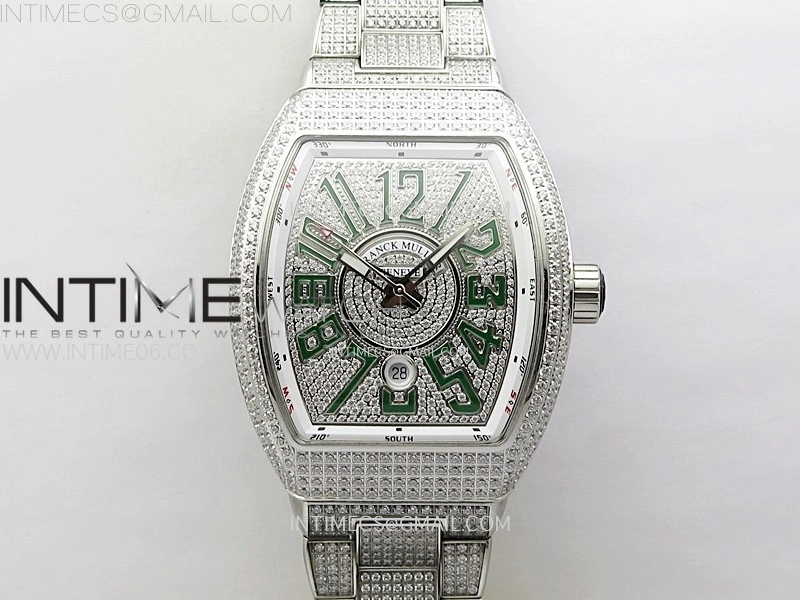Vanguard V45 Full Diamonds ABF Best Edition Full Paved Diamonds Dial Green Markers On Full Paved Diamonds Bracelet A2824