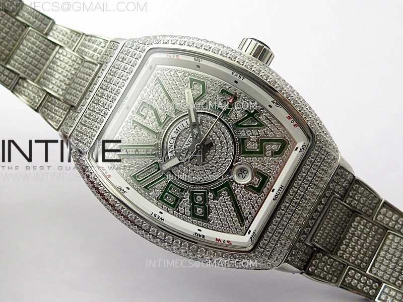 Vanguard V45 Full Diamonds ABF Best Edition Full Paved Diamonds Dial Green Markers On Full Paved Diamonds Bracelet A2824
