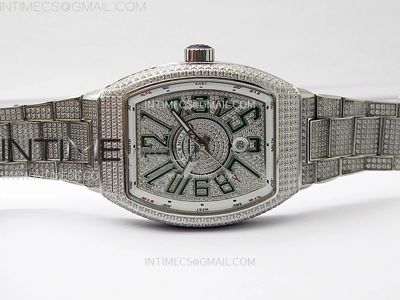 Vanguard V45 Full Diamonds ABF Best Edition Full Paved Diamonds Dial Green Markers On Full Paved Diamonds Bracelet A2824