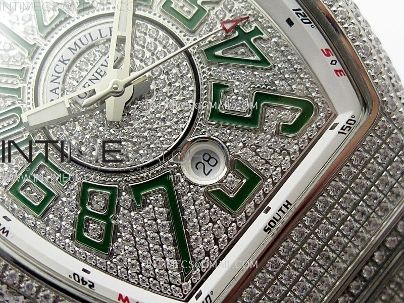 Vanguard V45 Full Diamonds ABF Best Edition Full Paved Diamonds Dial Green Markers On Full Paved Diamonds Bracelet A2824