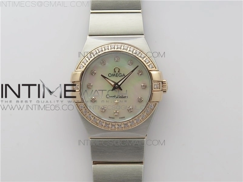 Constellation Ladies 27mm K11F 1:1 Best Edition SS RG Diamonds Bezel White MOP Dial Stick Markers on SS RG Bracelet ETA Quartz