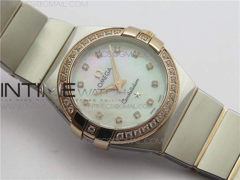 Constellation Ladies 27mm K11F 1:1 Best Edition SS RG Diamonds Bezel White MOP Dial Stick Markers on SS RG Bracelet ETA Quartz