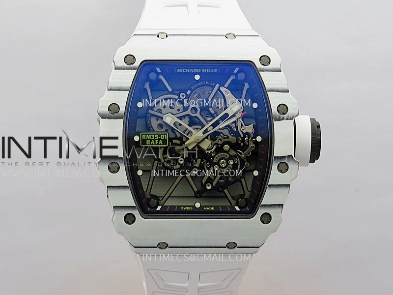 RM035-01 White Carbon ZF Best Edition Skeleton Dial On White Rubber Strap Super Clone RMUL2