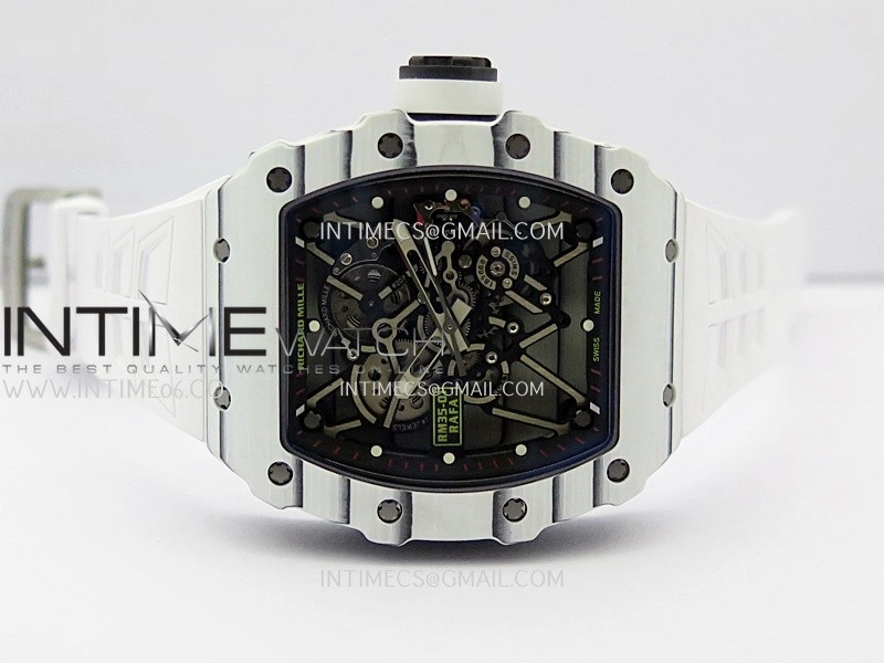 RM035-01 White Carbon ZF Best Edition Skeleton Dial On White Rubber Strap Super Clone RMUL2