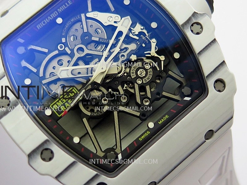 RM035-01 White Carbon ZF Best Edition Skeleton Dial On White Rubber Strap Super Clone RMUL2