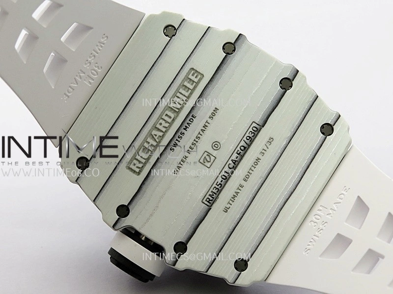 RM035-01 White Carbon ZF Best Edition Skeleton Dial On White Rubber Strap Super Clone RMUL2