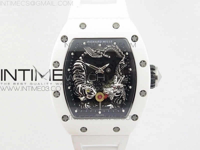 RM051 Real White Ceramic Case KVF Best Edition Skeleton Dial on White Rubber Strap MIYOTA8215