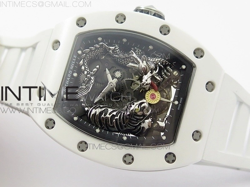 RM051 Real White Ceramic Case KVF Best Edition Skeleton Dial on White Rubber Strap MIYOTA8215