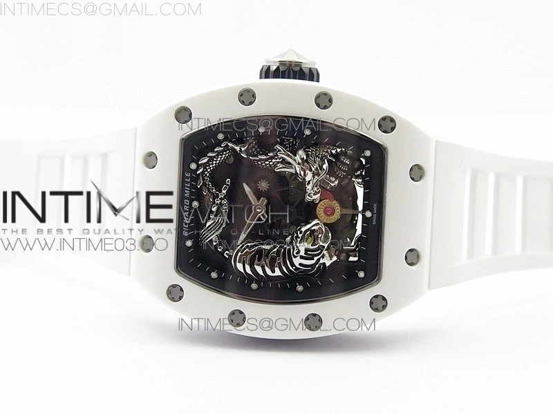 RM051 Real White Ceramic Case KVF Best Edition Skeleton Dial on White Rubber Strap MIYOTA8215
