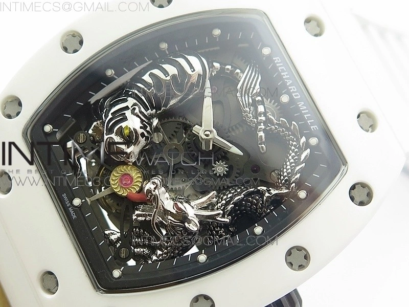 RM051 Real White Ceramic Case KVF Best Edition Skeleton Dial on White Rubber Strap MIYOTA8215