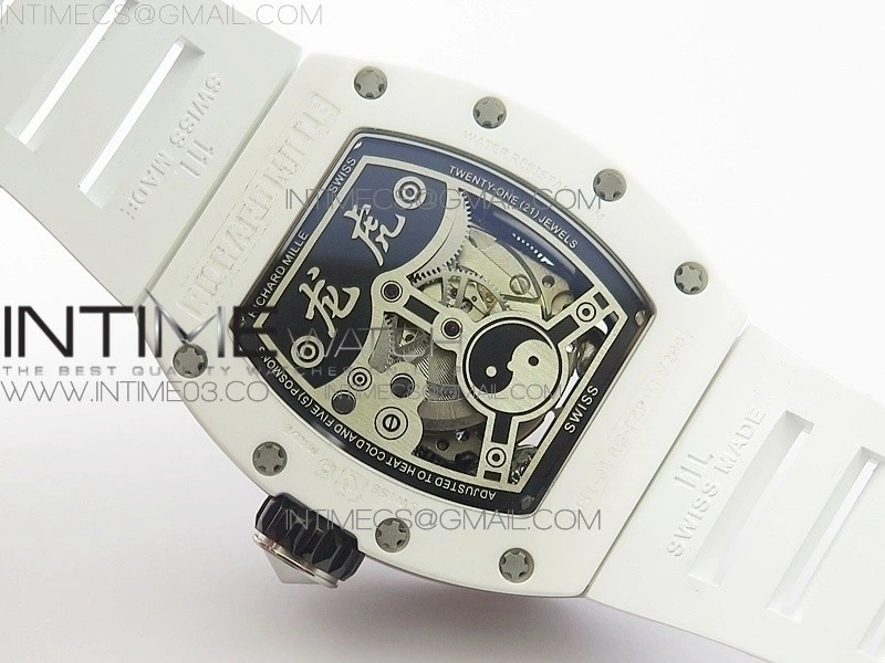 RM051 Real White Ceramic Case KVF Best Edition Skeleton Dial on White Rubber Strap MIYOTA8215
