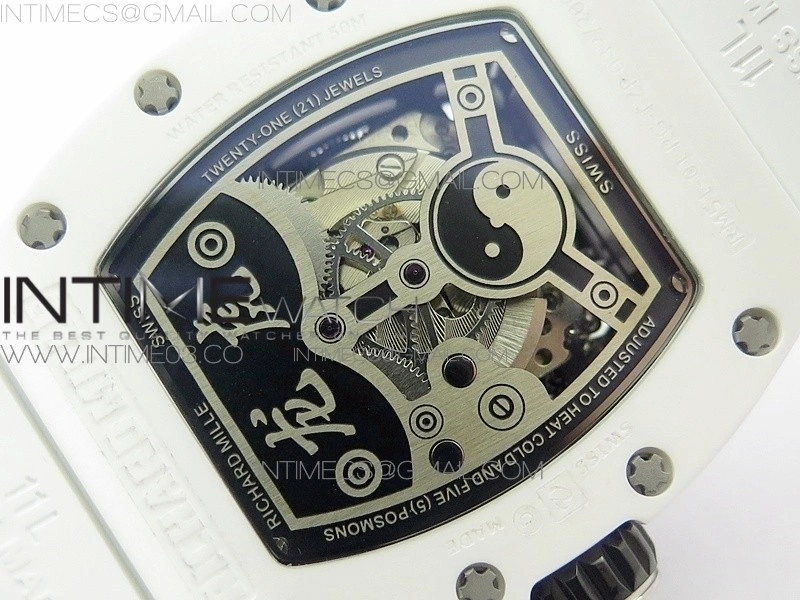 RM051 Real White Ceramic Case KVF Best Edition Skeleton Dial on White Rubber Strap MIYOTA8215