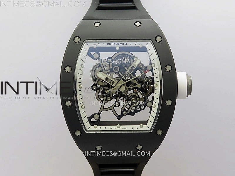 RM055 Black Ceramic White Inner RMF Best Edition Skeleton Dial On Black Rubber Strap RMUL2 Super Clone