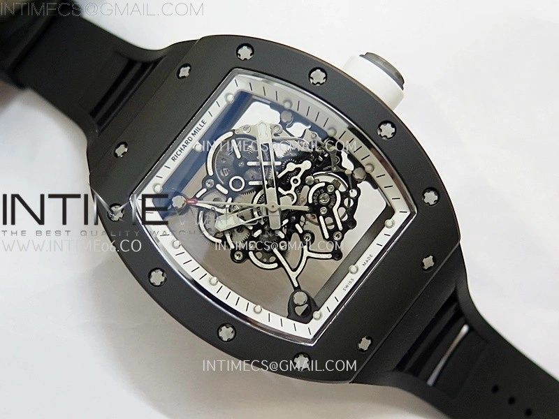RM055 Black Ceramic White Inner RMF Best Edition Skeleton Dial On Black Rubber Strap RMUL2 Super Clone