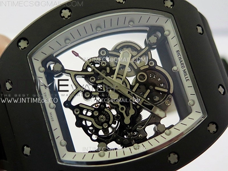 RM055 Black Ceramic White Inner RMF Best Edition Skeleton Dial On Black Rubber Strap RMUL2 Super Clone