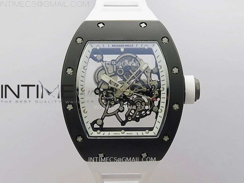 RM055 Black Ceramic White Inner RMF Best Edition Skeleton Dial On White Rubber Strap RMUL2 Super Clone