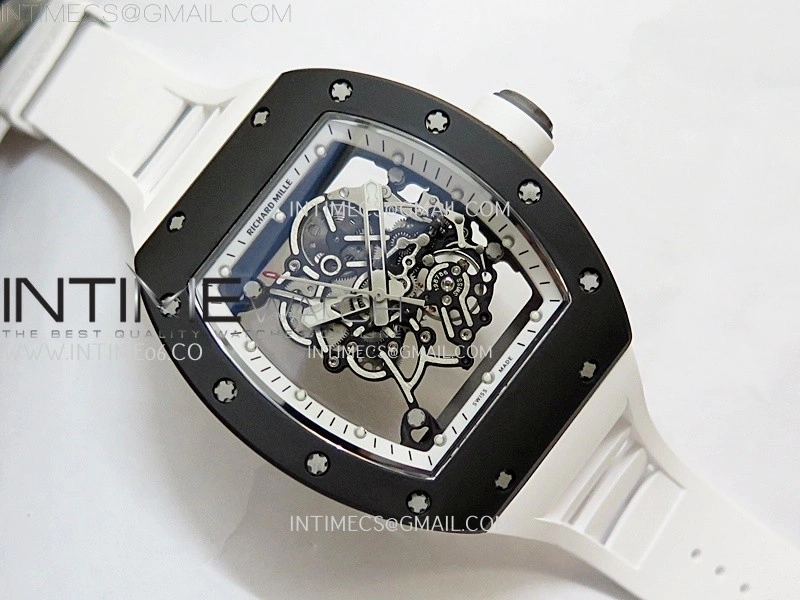 RM055 Black Ceramic White Inner RMF Best Edition Skeleton Dial On White Rubber Strap RMUL2 Super Clone