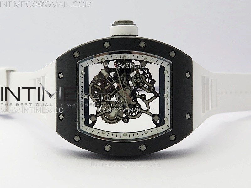 RM055 Black Ceramic White Inner RMF Best Edition Skeleton Dial On White Rubber Strap RMUL2 Super Clone