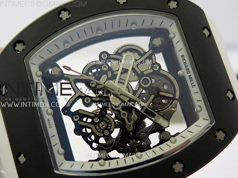 RM055 Black Ceramic White Inner RMF Best Edition Skeleton Dial On White Rubber Strap RMUL2 Super Clone