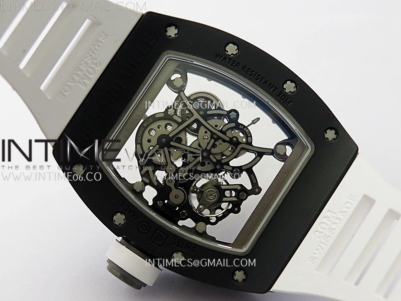 RM055 Black Ceramic White Inner RMF Best Edition Skeleton Dial On White Rubber Strap RMUL2 Super Clone