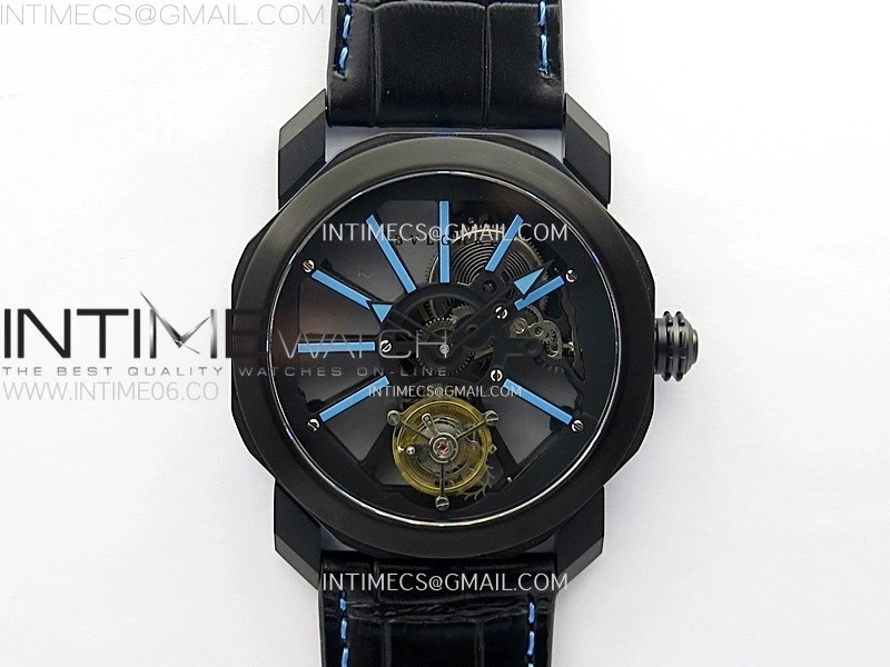 Octo 102910 PVD AXF Best Edition Blue Skeleton Dial on Black Leather Strap Asian BVL206 Tourbillon Movement