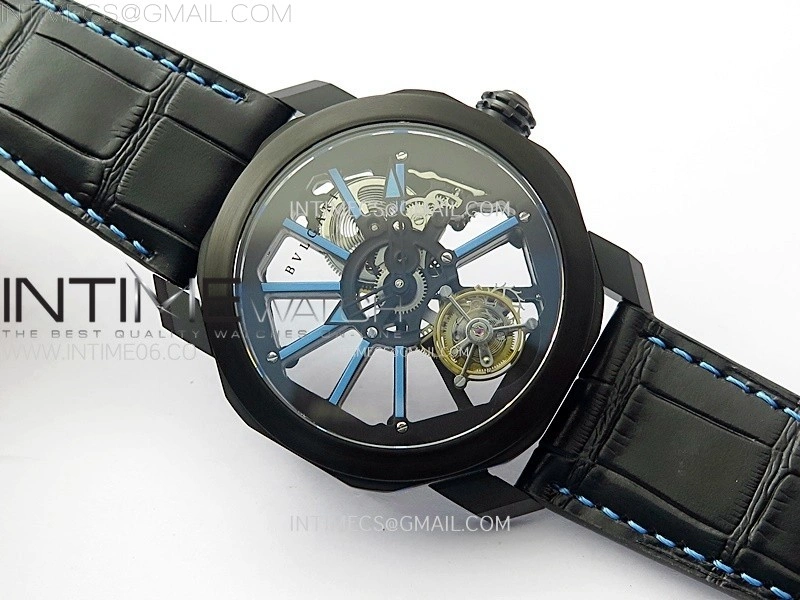 Octo 102910 PVD AXF Best Edition Blue Skeleton Dial on Black Leather Strap Asian BVL206 Tourbillon Movement