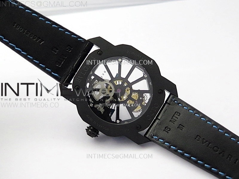 Octo 102910 PVD AXF Best Edition Blue Skeleton Dial on Black Leather Strap Asian BVL206 Tourbillon Movement