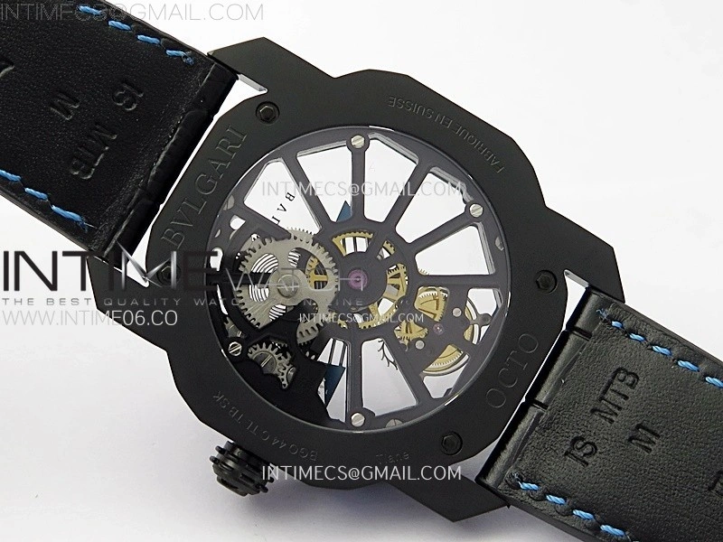 Octo 102910 PVD AXF Best Edition Blue Skeleton Dial on Black Leather Strap Asian BVL206 Tourbillon Movement
