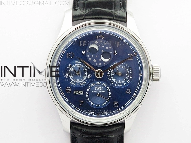 Portuguese Real PR Real Annual Calendar IW503401 V9F Best Edition Blue Dial Black Leather Strap A52610
