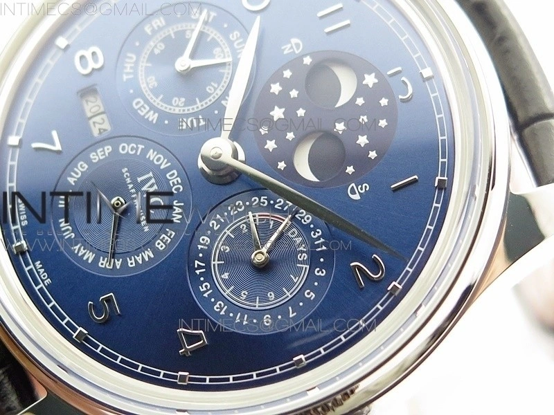 Portuguese Real PR Real Annual Calendar IW503401 V9F Best Edition Blue Dial Black Leather Strap A52610