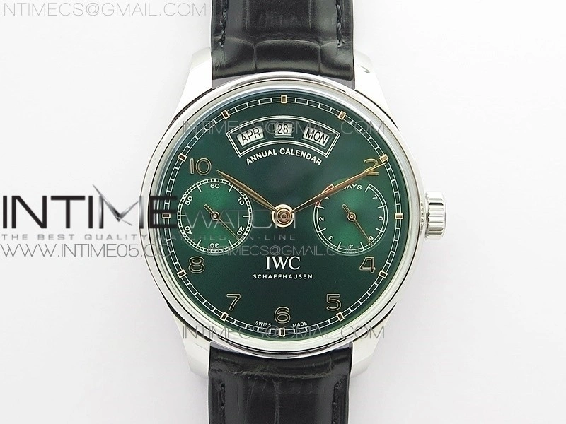 Portuguese Real PR Real Annual Calendar IW503510 AZF 1:1 Best Edition Green Dial on Black Leather Strap A52850
