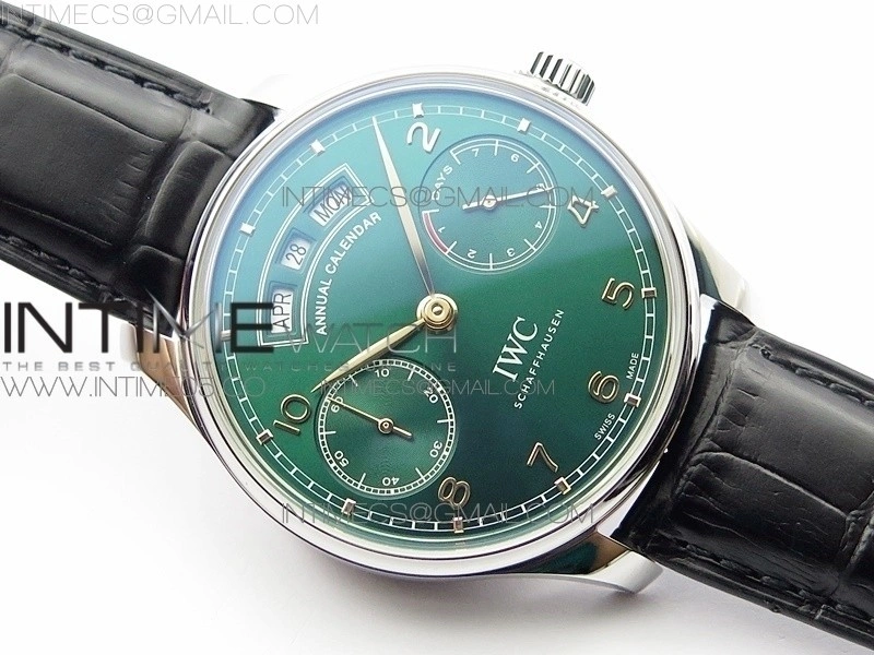 Portuguese Real PR Real Annual Calendar IW503510 AZF 1:1 Best Edition Green Dial on Black Leather Strap A52850