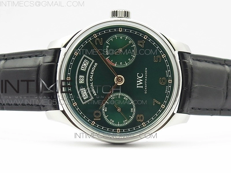 Portuguese Real PR Real Annual Calendar IW503510 AZF 1:1 Best Edition Green Dial on Black Leather Strap A52850