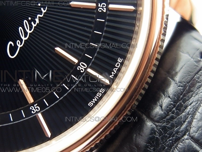 Cellini 50519 Real Date RG BP Best Edition Black Dial Stick Markers on Black Leather Strap SA3165