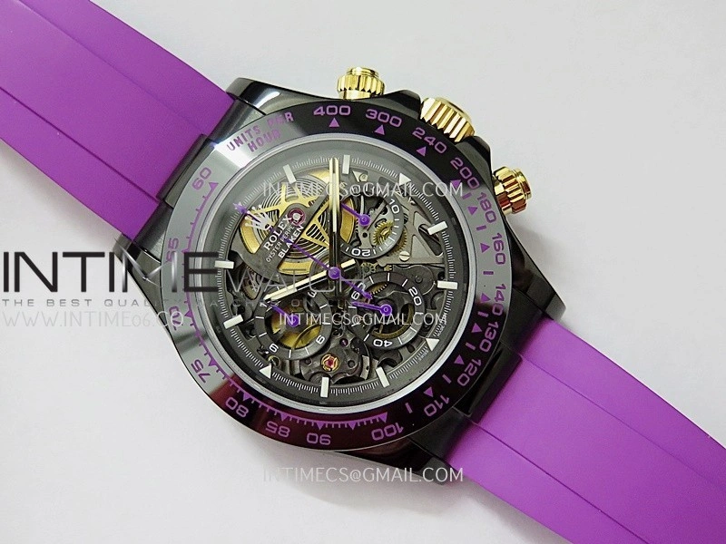 Daytona Blaken Carbon Bezel PVD Sonic Best Edition Skeleton Dial On Purple Rubber Strap Super Clone SA4130
