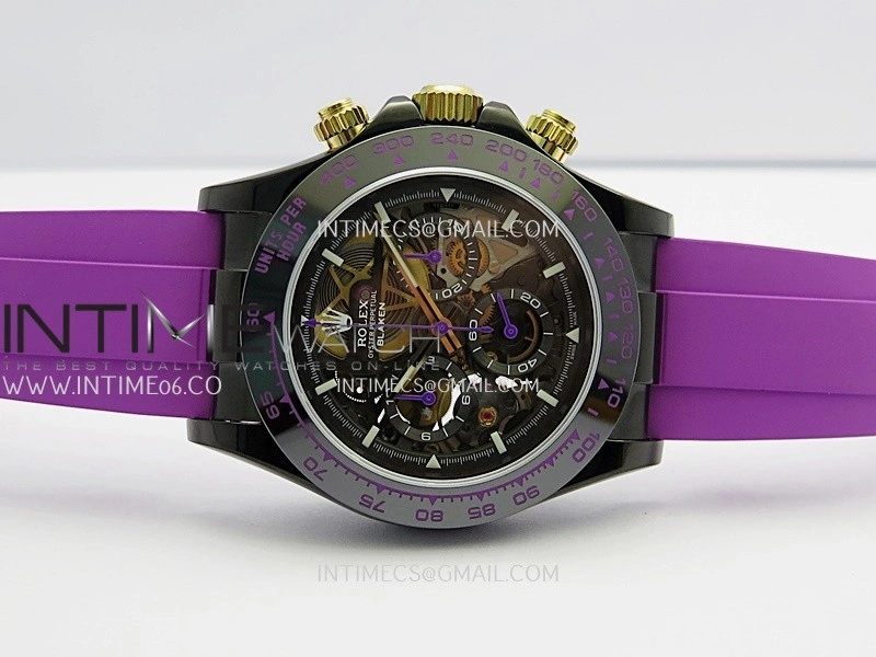 Daytona Blaken Carbon Bezel PVD Sonic Best Edition Skeleton Dial On Purple Rubber Strap Super Clone SA4130