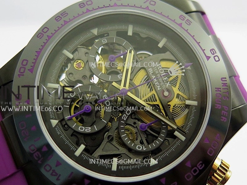 Daytona Blaken Carbon Bezel PVD Sonic Best Edition Skeleton Dial On Purple Rubber Strap Super Clone SA4130