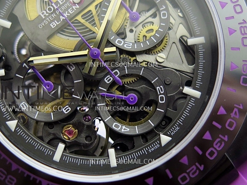 Daytona Blaken Carbon Bezel PVD Sonic Best Edition Skeleton Dial On Purple Rubber Strap Super Clone SA4130